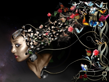 Abstract image of butterflies and flowers coming out of the back of a black woman's head