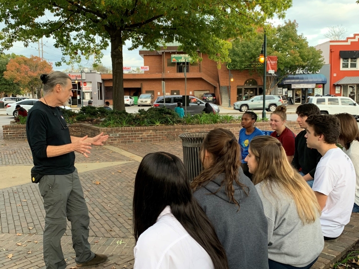 COLA 298 students in Five Points during a ‘history lesson’ from Don, a long-time business owner in the area